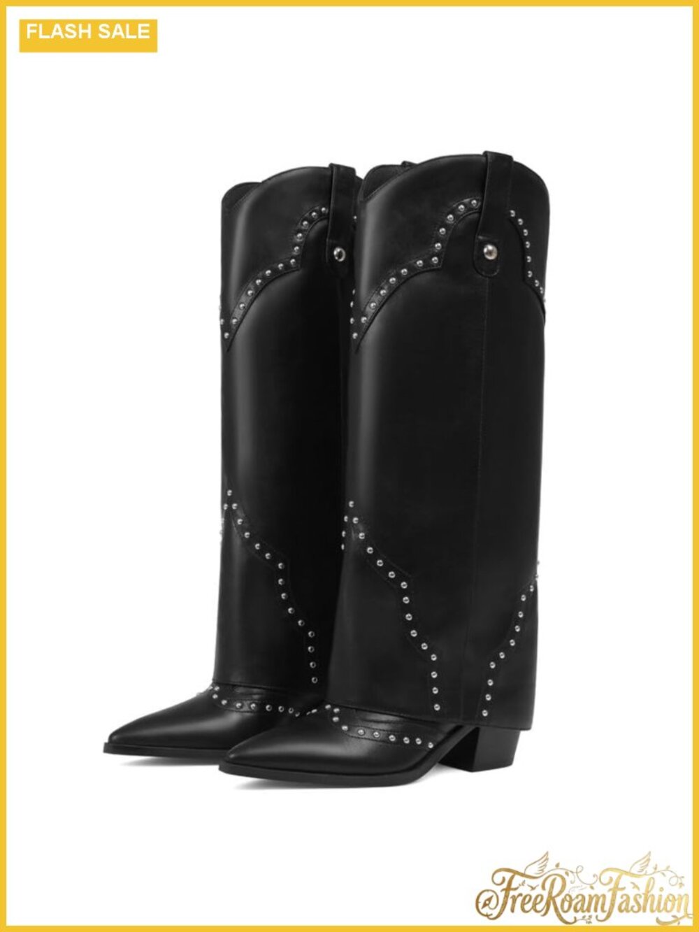 Women Knee High Western Cowboy Boots Fold Over Snip Toe Block Heel